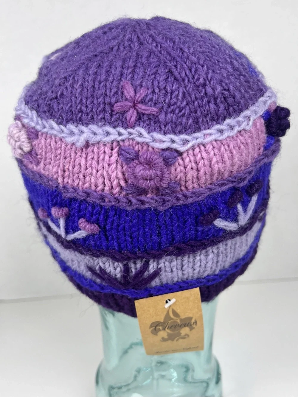 Handmade in Nepal Purple Pink Blue Floral 100% Wool Knit Beanie Hat